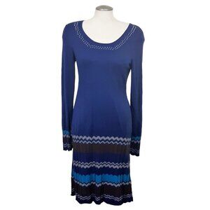 Womens Med Sweater Dress Organic Cotton Navy Blue Long Sleeve Chevron Aventura